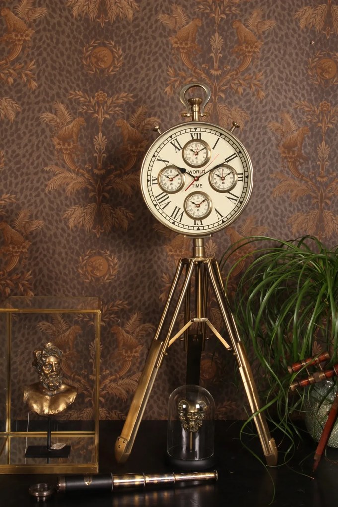 Ceas de podea din aluminiu și oțel, auriu, cu 4 fusuri orare și trepied, în formă de ceas de buzunar, 100 x 40 x 33 cm, „Longitude”
