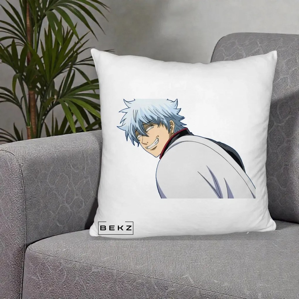 Perna Personalizata Gintama Gintoki Portret cu Zambet, 40x40 cm, Alb Pufos, Husa Detasabila, Perna Inclusa, BEKZ®
