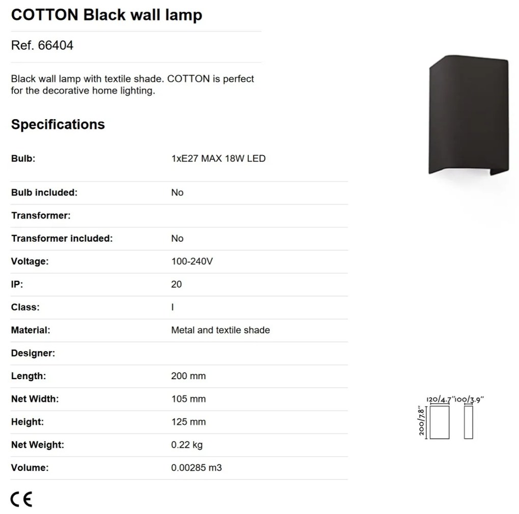 Aplica de perete ambientala design modern COTTON neagra