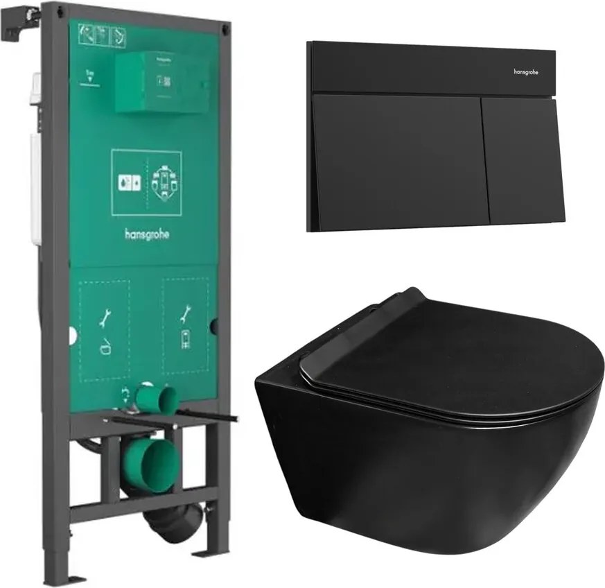 Set rezervor WC cu cadru incastrat Hansgrohe iFrame 112 cm si clapeta de actionare Element E negru mat plus vas WC Rune Ivaldi Grande cu capac softclose