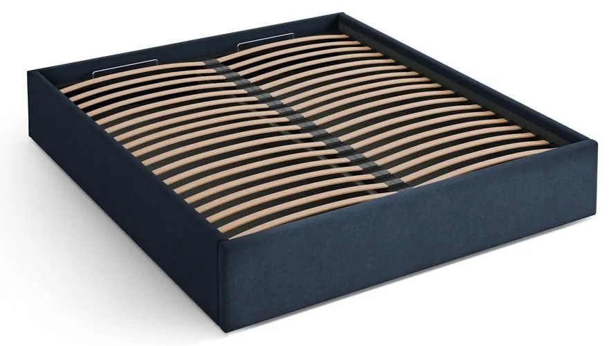 Pat matrimonial albastru închis tapițat cu spațiu de depozitare/fără tăblie cu somieră 160x200 cm Susan – Micadoni