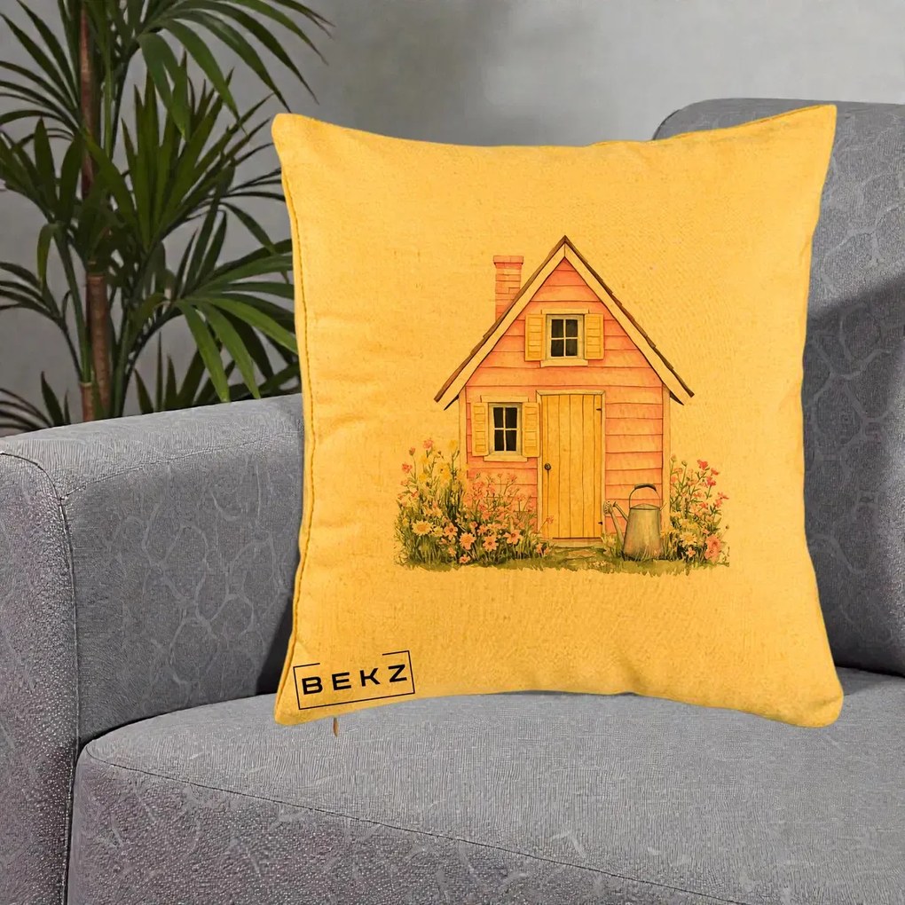 Perna Decorativa Casuta Roz Acuarela cu Gradina, 40x40 cm, Galben, Husa Detasabila, Perna Inclusa, BEKZ®