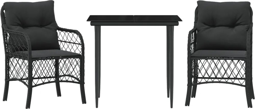 vidaXL Set bistro cu perne, 3 piese, negru, poliratan