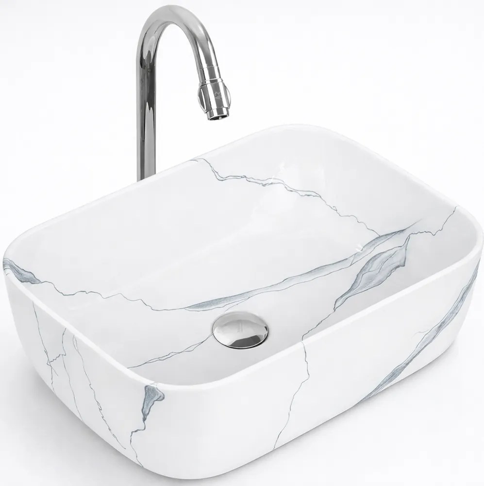 BERLIN-M || Lavoar montat pe blat, ceramică, alb, cu model marmură, dreptunghiular
