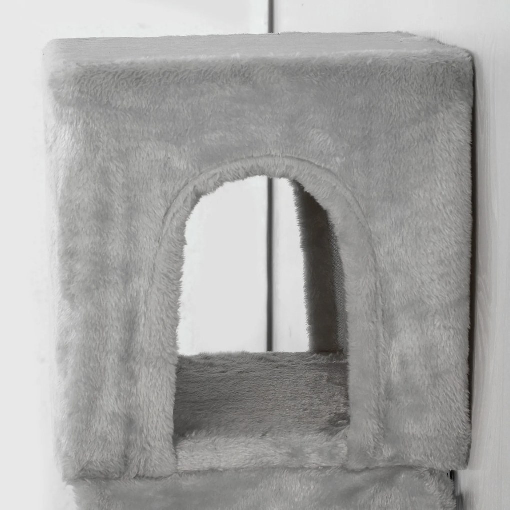 PawHut Perete de cățărat pentru pisici 6 piese set de cățărat cu căsuță pentru pisici, hamac, platformă placă de zgâriat Gri | Aosom Romania