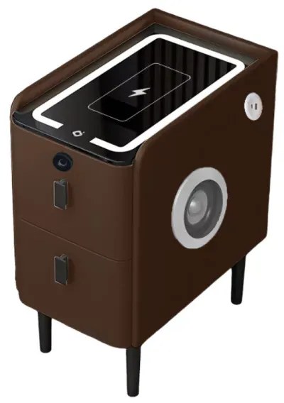 Noptieră inteligentă slim cu &icirc;ncărcare wireless, iluminare LED, difuzor Bluetooth, port USB &amp; Type-C și sistem cu amprentă &ndash; culoare maro, 2 sertare, design modern din sticlă și lemn