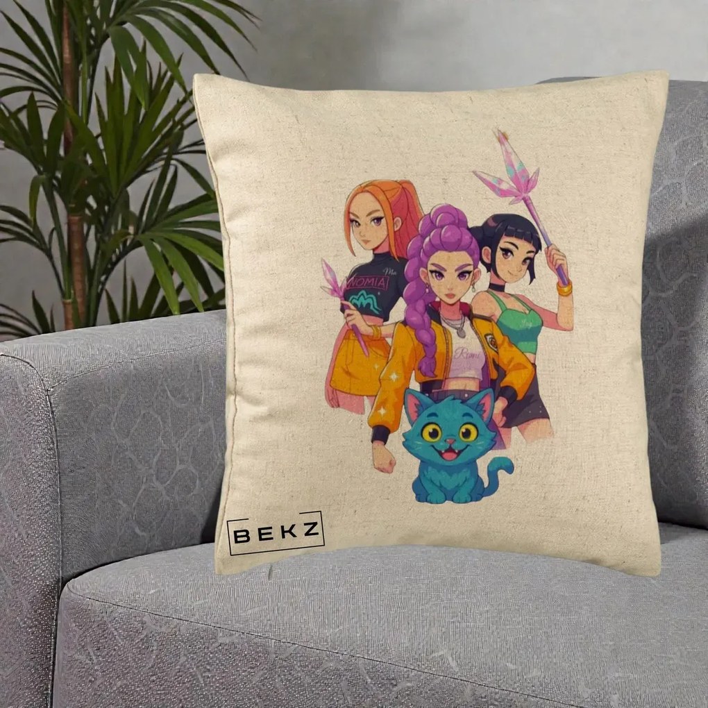 Perna Personalizata K-pop HUNTRX Trio cu Pisica si Cristale, 40x40 cm, Bej, Husa Detasabila, Perna Inclusa, BEKZ®