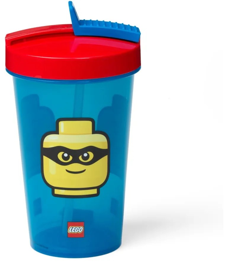 Pahar cu capac roșu și pai LEGO® Iconic, 500 ml, albastru