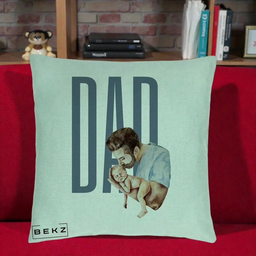 Cadou pentru Tata - Perna Personalizata DAD Tata si Nou-Nascut, 40x40 cm, Verde Menta, Husa Detasabila, Perna Inclusa, BEKZ®