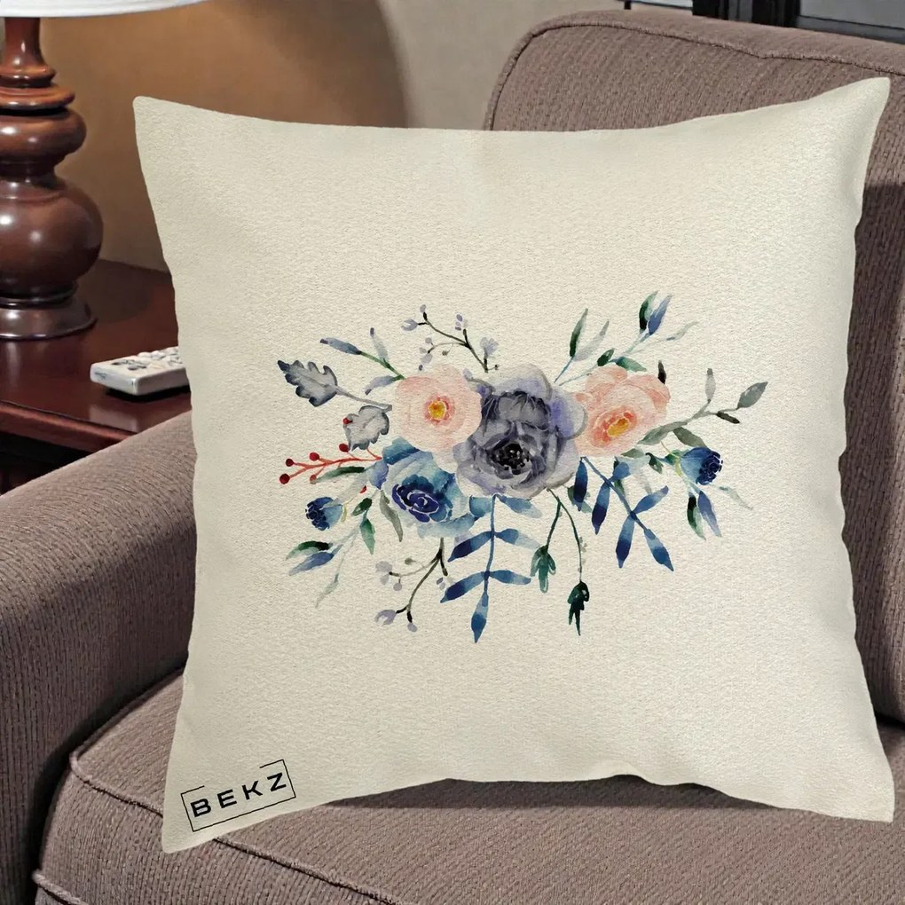 Perna Decorativa Buchet Flori Albastre Acuarela, 40x40 cm, Ecru, Husa Detasabila, Perna Inclusa, BEKZ®