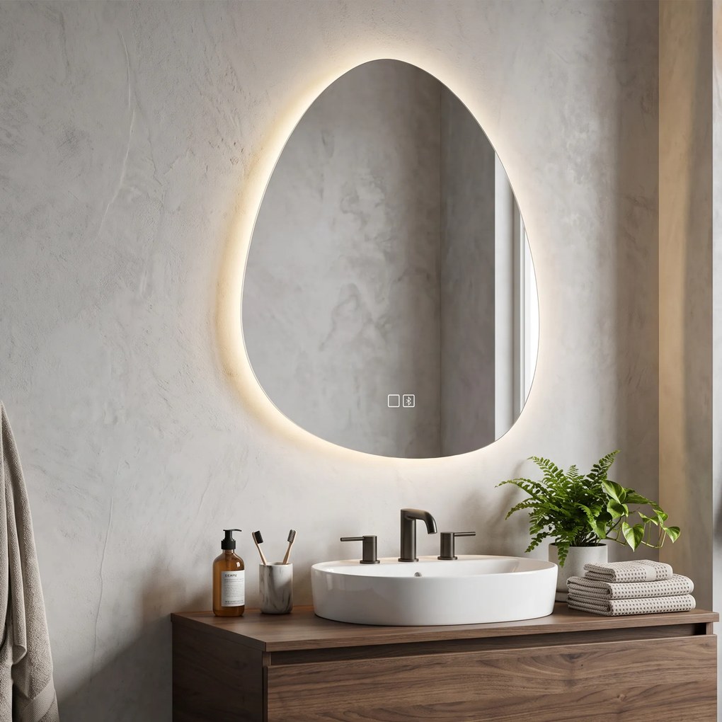 HOMCOM Oglindă de baie cu LED, 3 culori, 50x70 cm, neregulată, Bluetooth, anti-aburire, touch | Aosom Romania