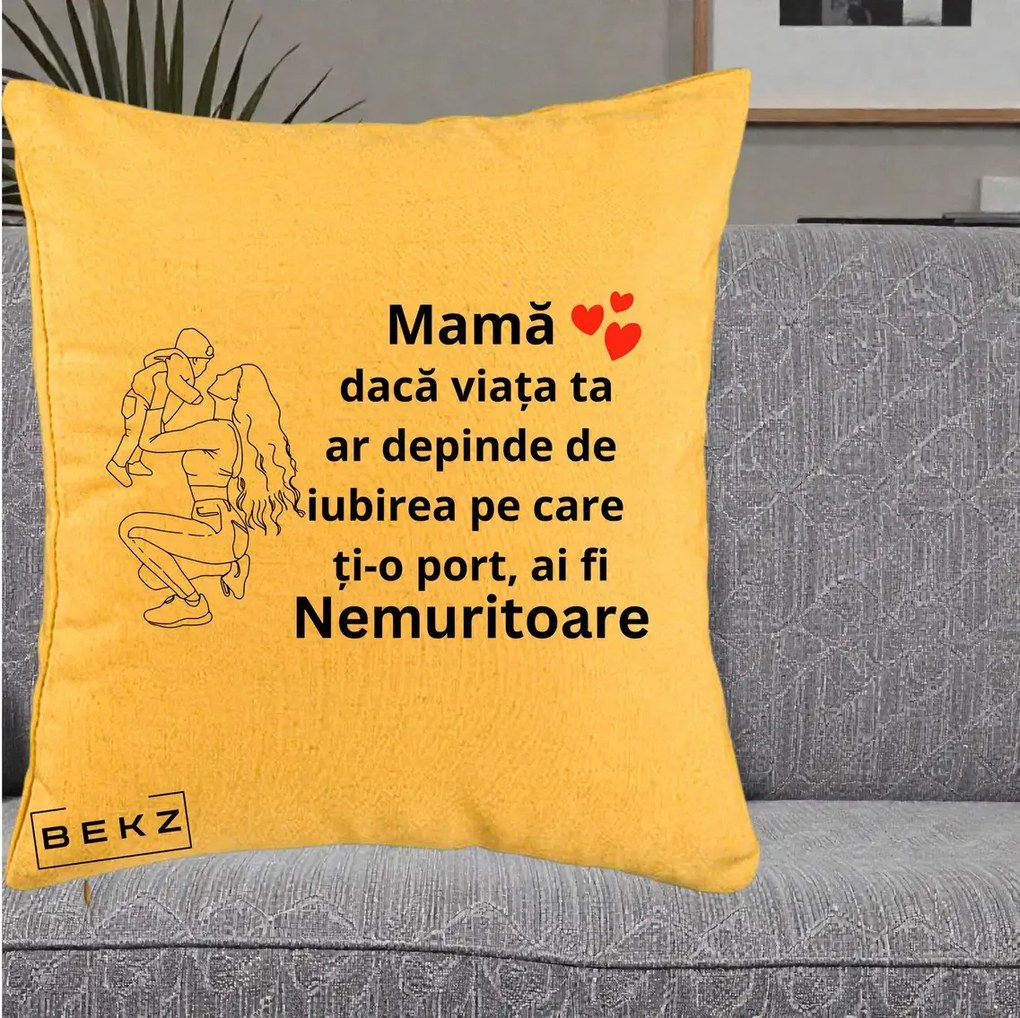 Cadou pentru Mama - Perna Personalizata Mama Nemuritoare Portret Graphic, 40x40 cm, Galben, Husa Detasabila, Perna Inclusa, BEKZ®