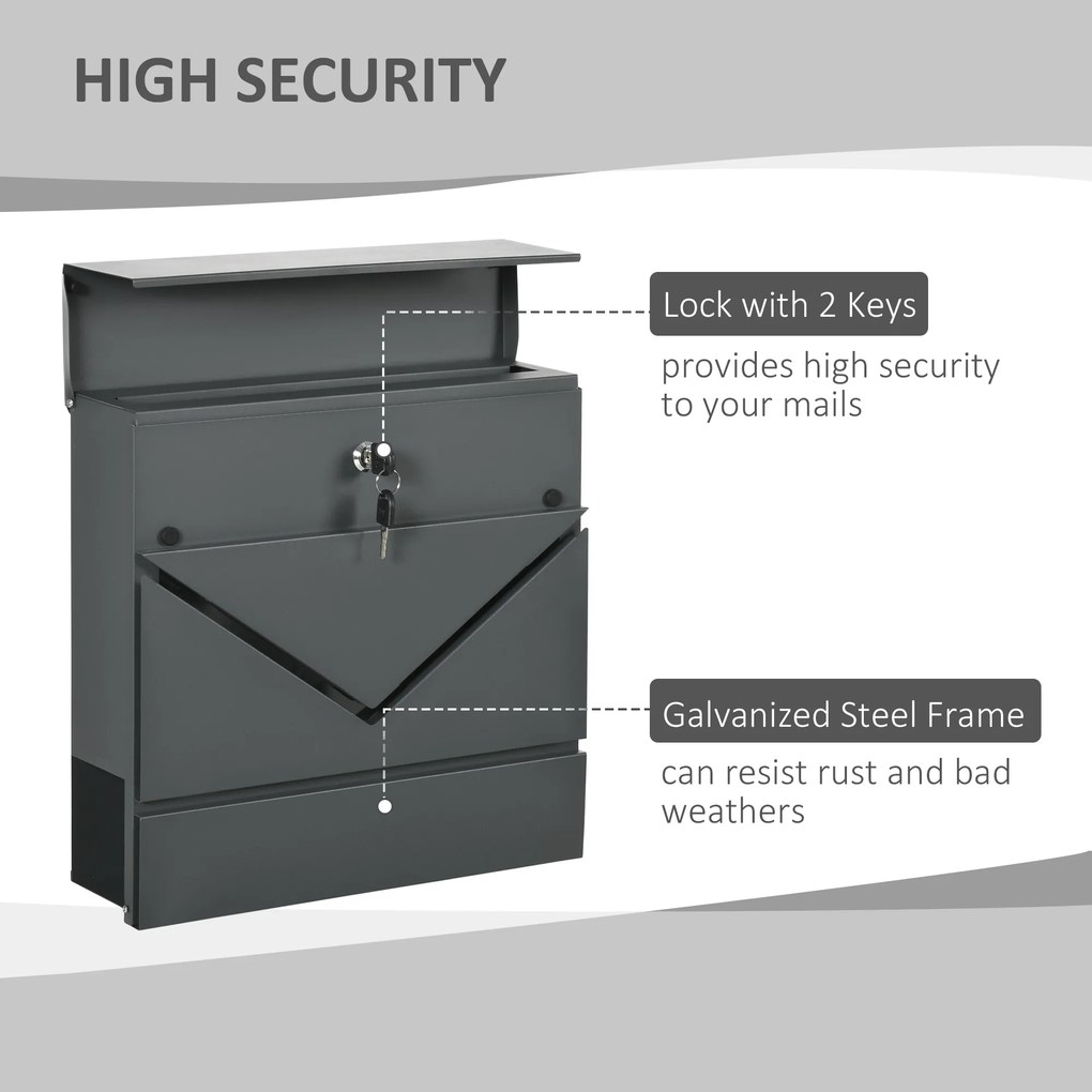 HOMCOM Cutie Postala din Otel Zincat cu Suport Ziare si 2 Chei de Securitate incluse, 37x10.5x37 cm, Gri | Aosom Romania