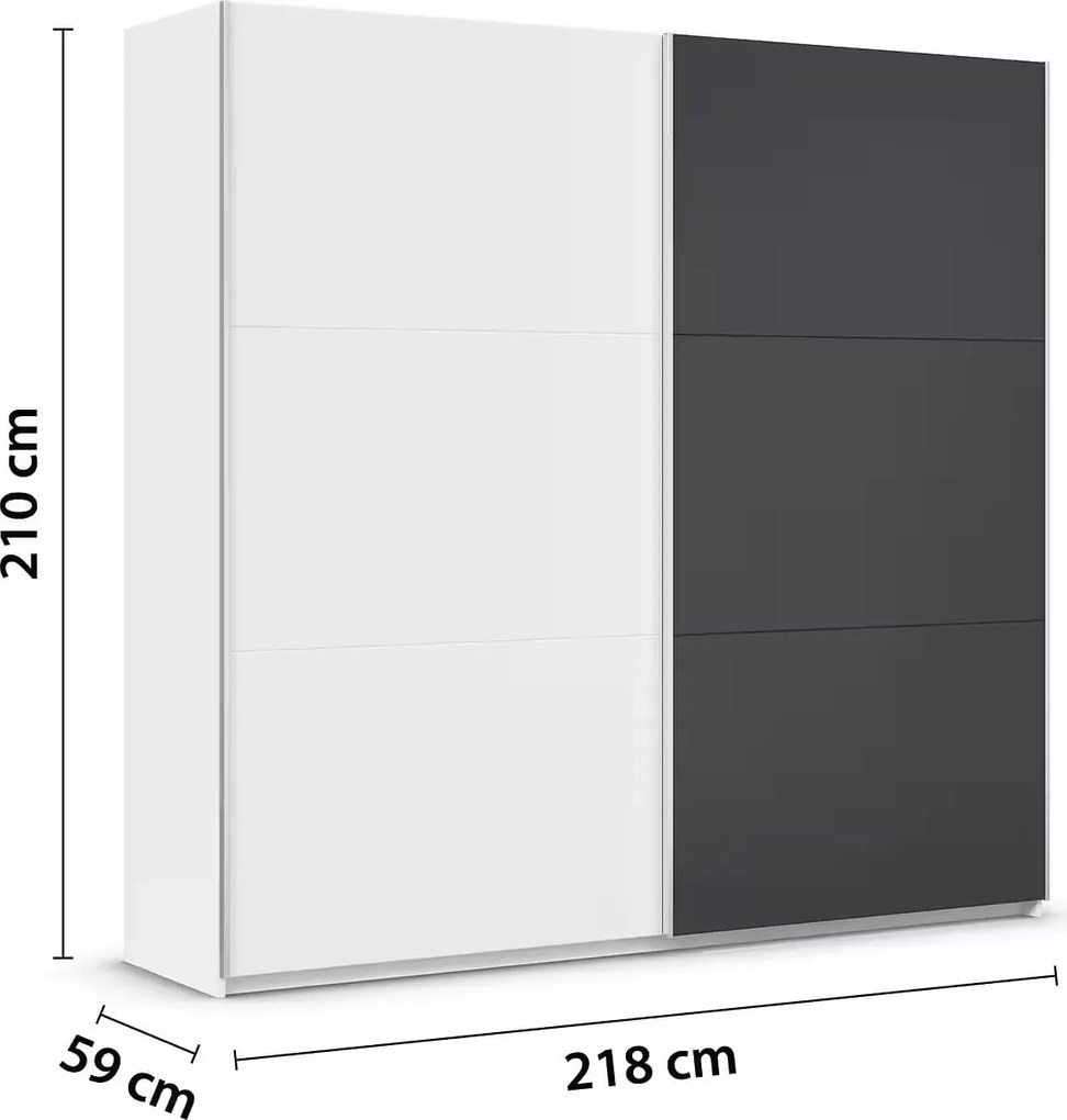 Dressing 218 cm lățime, 2 uși glisante, culoare alb-negru, compartimentare premium opțională, 210 cm înălțime