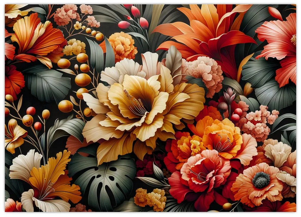 Tablou pe sticlă - Flori portocalii și roșii (70x50 cm)