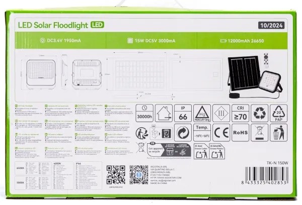 Proiector LED solar dimabil Aigostar LED/150W/3,4V IP66 + telecomandă
