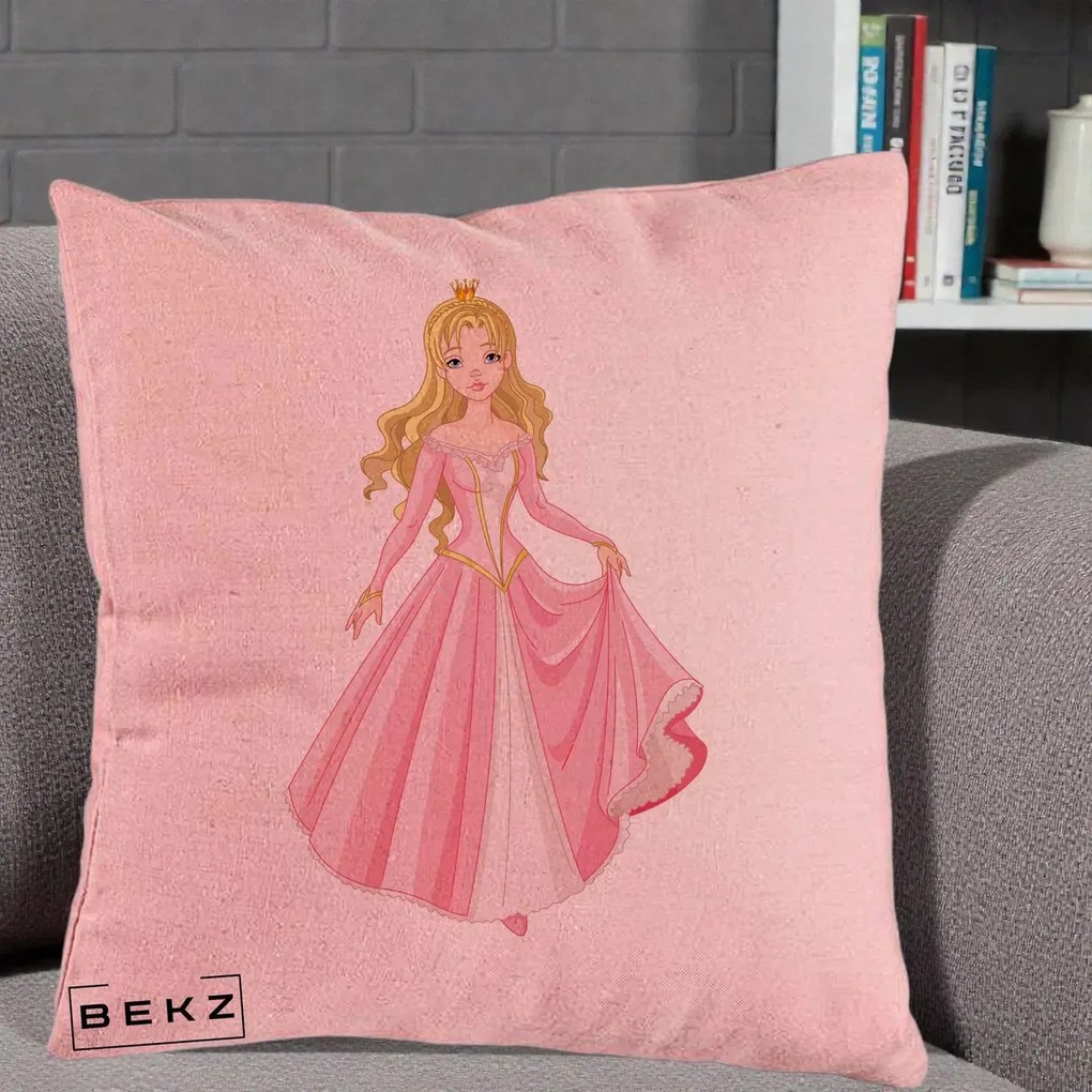 Perna Decorativa Printesa Aurora Rochie Roz, 40x40 cm, Roz, Husa Detasabila, Perna Inclusa, BEKZ®