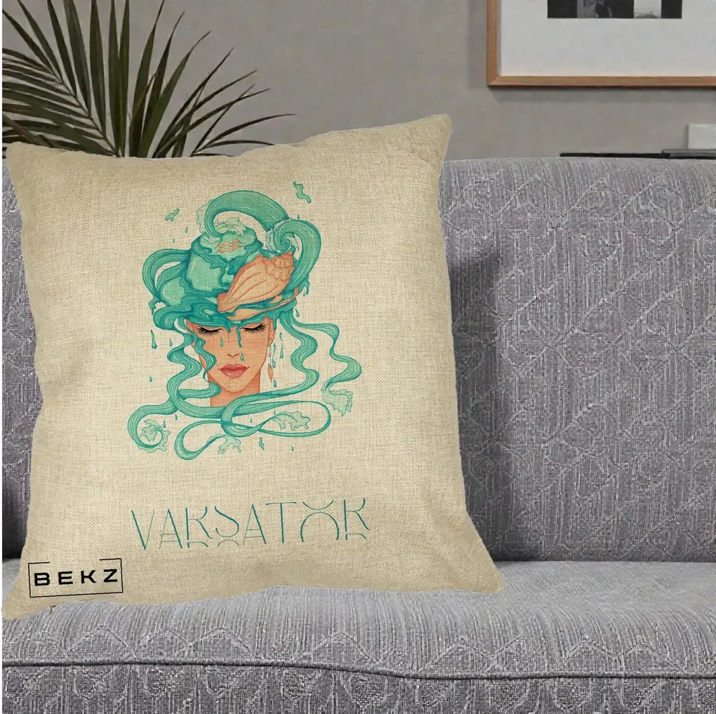 Perna Personalizata Zodiac Varsator Cowgirl, 40x40 cm, Crem, Husa Detasabila, Perna Inclusa, BEKZ®