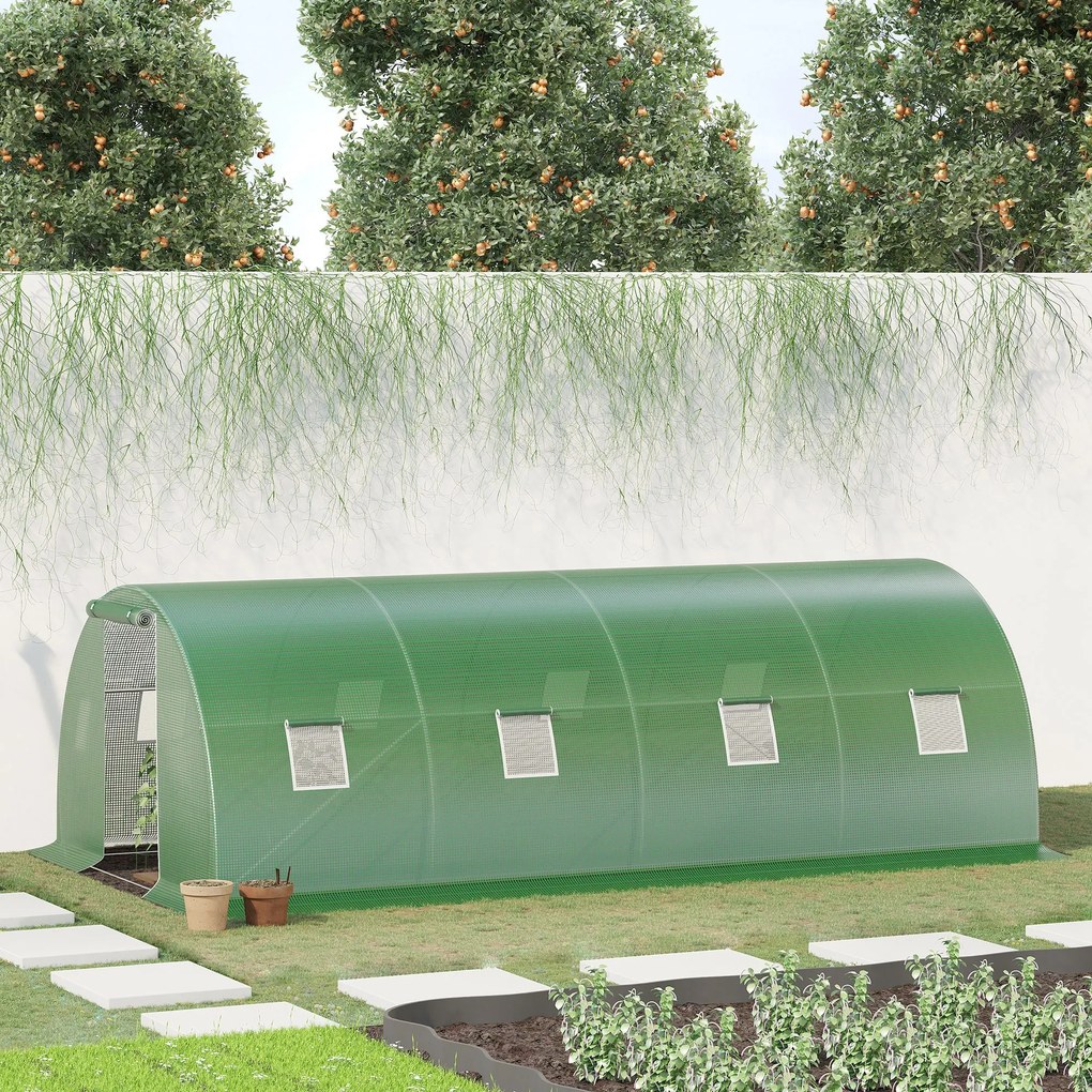 Outsunny Seră de Grădină Tunnel 18 m² dim. 6L x 3l x 2H m - 8 ferestre, Ușă cu Fermoar Rulabil - Structură Tubulară Oțel Galvanizat, Folie PE de Înaltă Densitate Verde | Aosom Romania