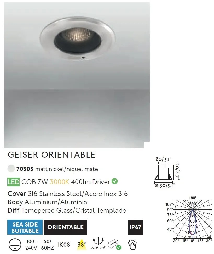 Spot LED orientabil / incastrabil de exterior 13cm GEISER 7W / 38º