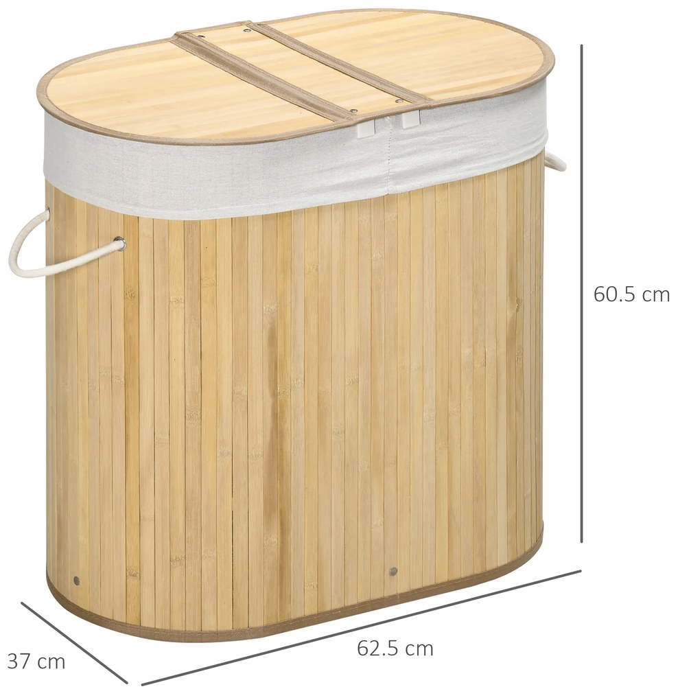 HOMCOM Coș de Rufe din Bambus cu Capac, 100L, 2 Compartimente, 62.5x37x60.5 cm, Natural | Aosom Romania