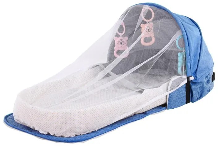 Patut de bebelusi pliabil si portabil tip geanta pentru calatorii, Albastru