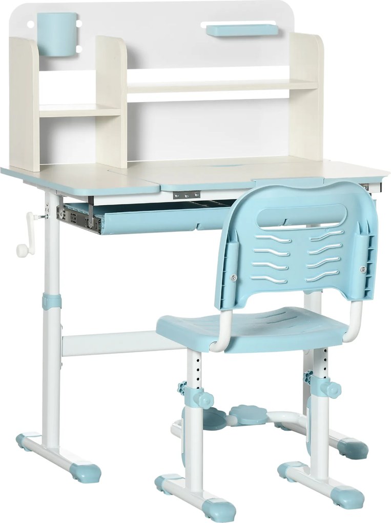 HOMCOM Set Birou și Scaun pentru Copii Reglabile, Inclinabilă la 60° cu Sertar, Rafturi și Suport, 3+ Ani, Albastru | Aosom Romania