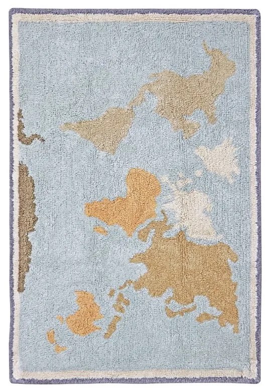 Covor de joacă pentru copii albastru-bej, lavabil, țesut manual din bumbac 70x100 cm Mini Worldmap – Lorena Canals
