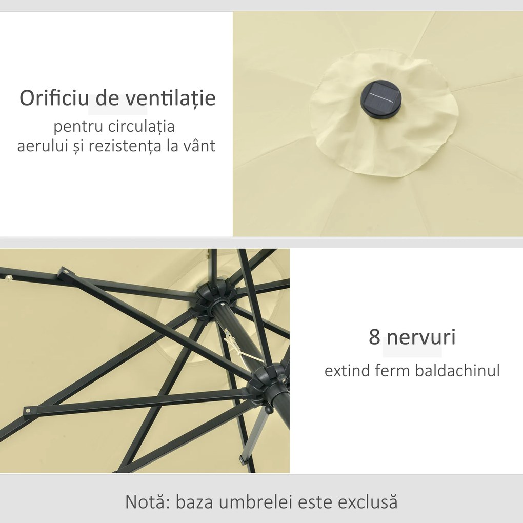 Outsunny Umbrelă de Grădină Inclinabilă Ø265 cm cu 32 Lumini LED Solare și Manivelă, Umbrelă de Exterior cu 8 Spițe, din Oțel, Poliester, pentru Terasă, Curte, Balcon, Bej | Aosom Romania