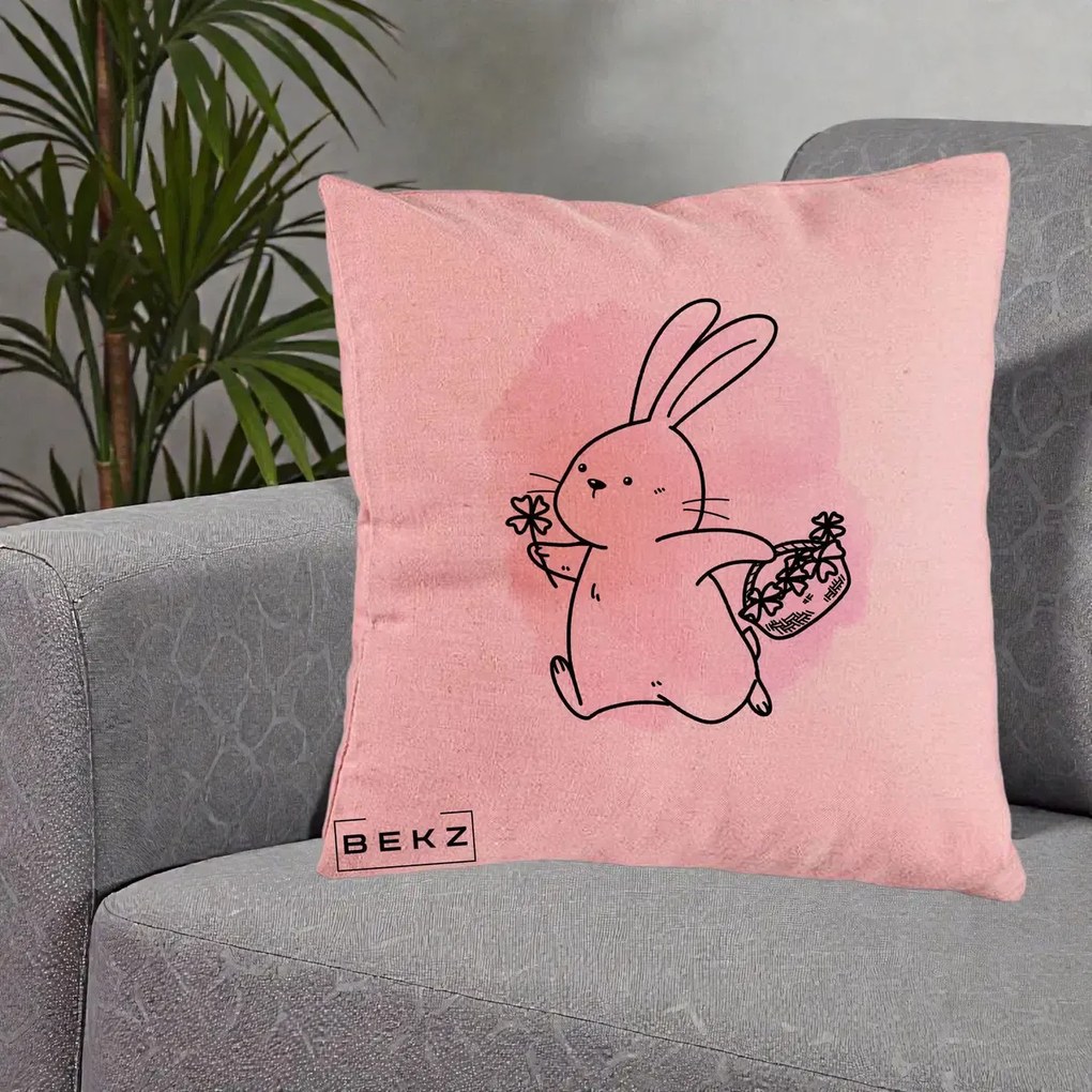 Perna Decorativa Iepuras Kawaii cu Cosulet Floral, 40x40 cm, Roz, Husa Detasabila, Perna Inclusa, BEKZ®