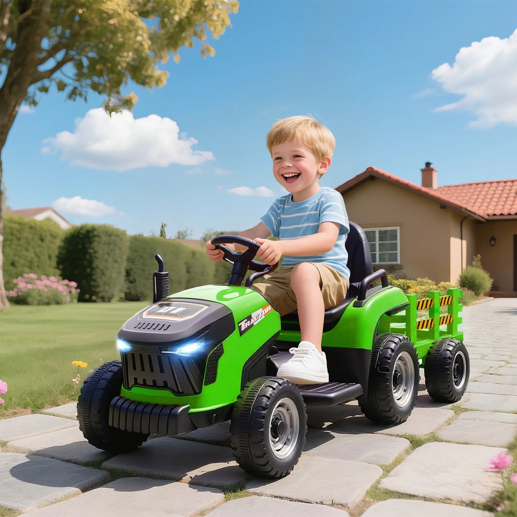 AIYAPLAY Tractor Electric 2 în 1 pentru Copii 3-8 Ani 12V cu Remorcă Detașabilă, Mașină Electrică pentru Copii cu Telecomandă, Centură de Siguranță, Muzică, Lumini LED și Claxon, Verde | Aosom Romania