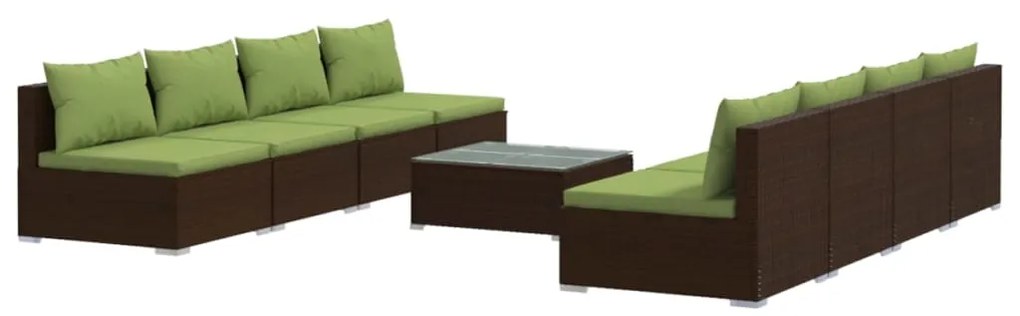 Set mobilier de gradina cu perne, 9 piese, maro, poliratan maro si verde, 8x mijloc + masa, 1