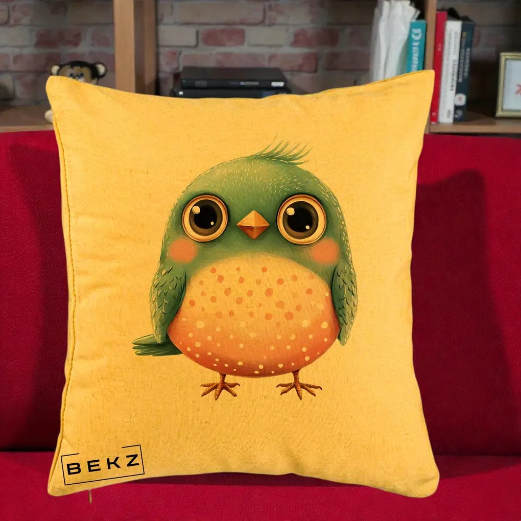 Perna Decorativa Pasare Teal-Roz cu Pete, 40x40 cm, Galben, Husa Detasabila, Perna Inclusa, BEKZ®