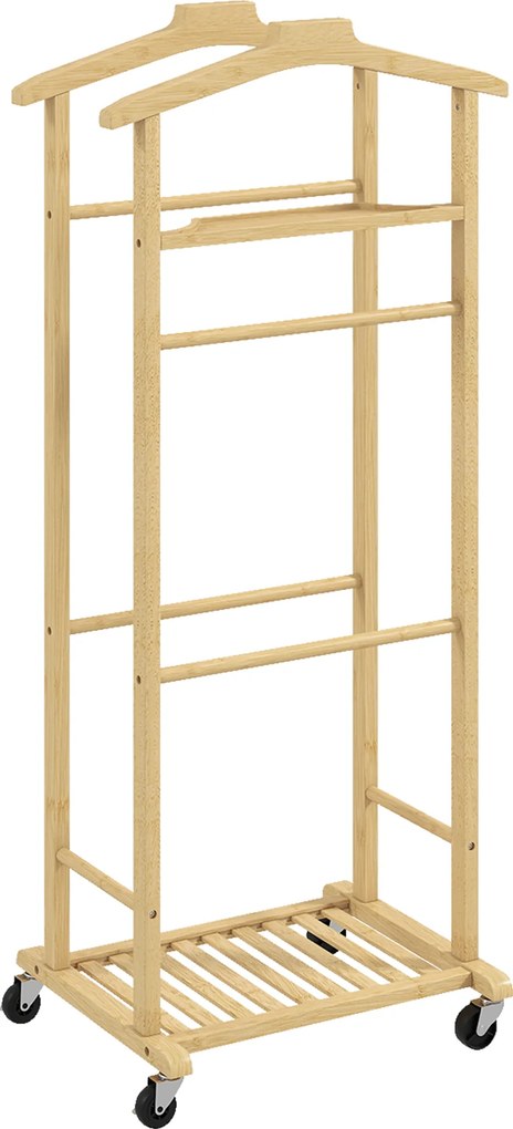 HOMCOM Suport de haine 4 în 1 pe roți din lemn de bambus, 47x33.7x105.5 cm | Aosom Romania
