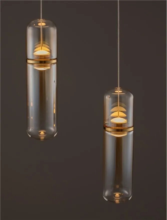 Lustra moderna cu 2 pendule LED, Metal, Auriu, Sticla, Amber, Norma