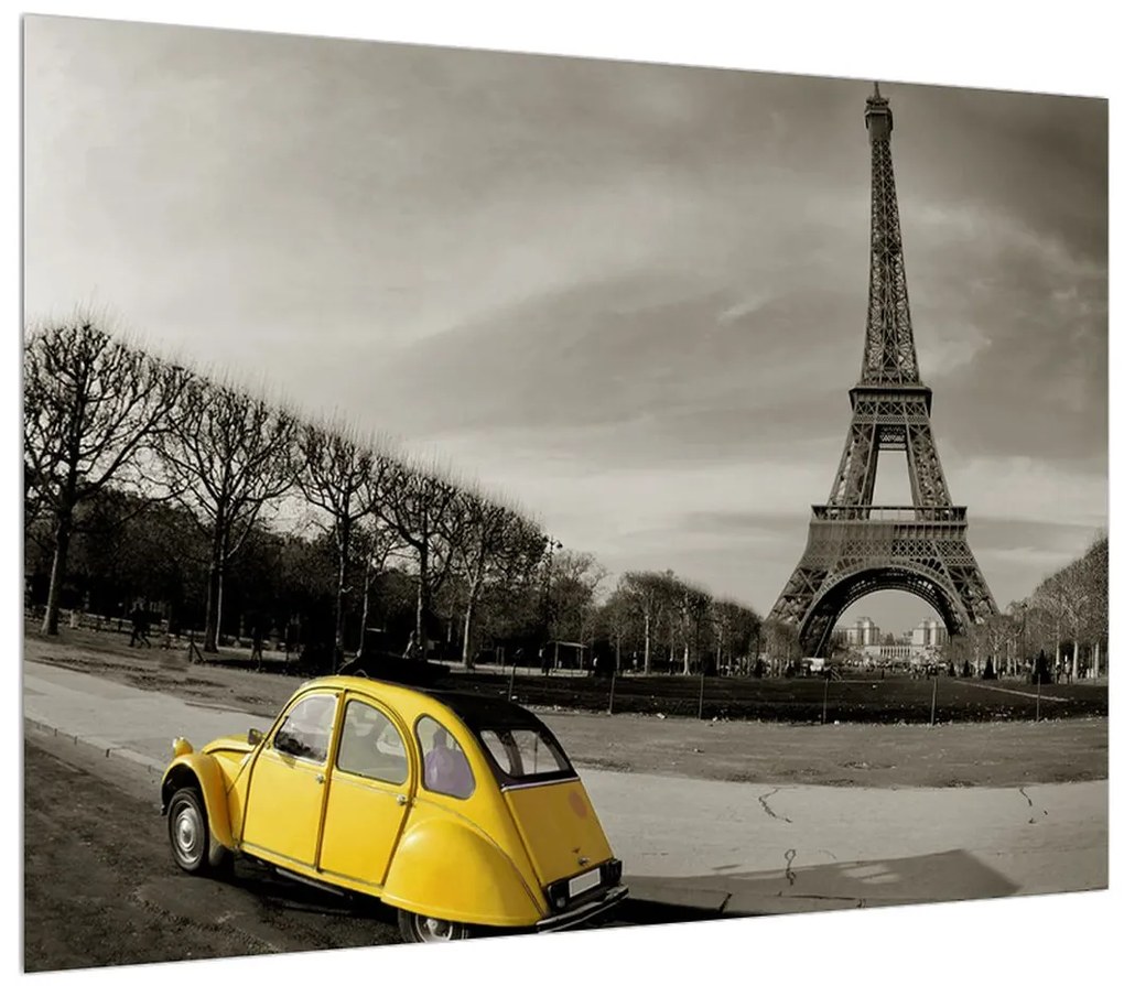 Tablou cu turnul Eiffel și mașina galbenă (70x50 cm), în 40 de alte dimensiuni noi