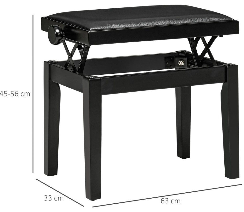HOMCOM Banc de pian, scaun de pian, reglabil în înălțime, elegant și lucios, piele ecologică + lemn cauciuc, negru, 63 x 33 x 56 cm | Aosom Romania