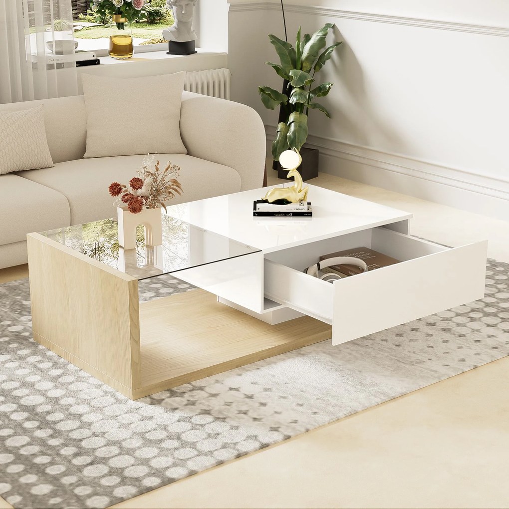 Măsuță de Cafea Modernă din Lemn cu Sticlă și LED, 105x55x32,5 cm, Naturală