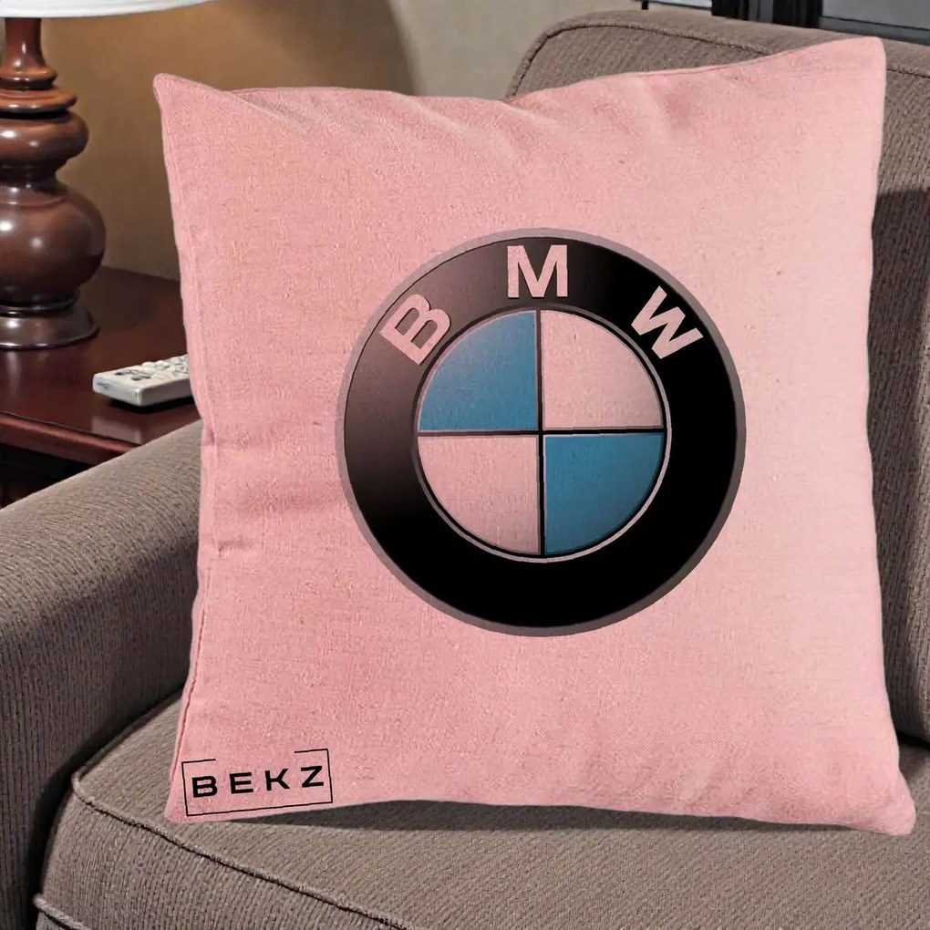 Perna Personalizata cu emblema BMW, 40x40 cm, Roz, Husa Detasabila, Perna Inclusa, BEKZ®