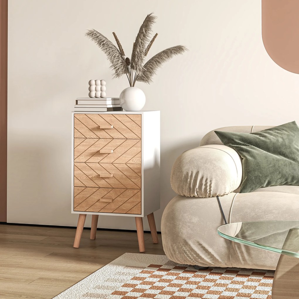 Homcom Cassettiera in Legno 4 Cassetti, Bianco e Legno, 40x30x75cm