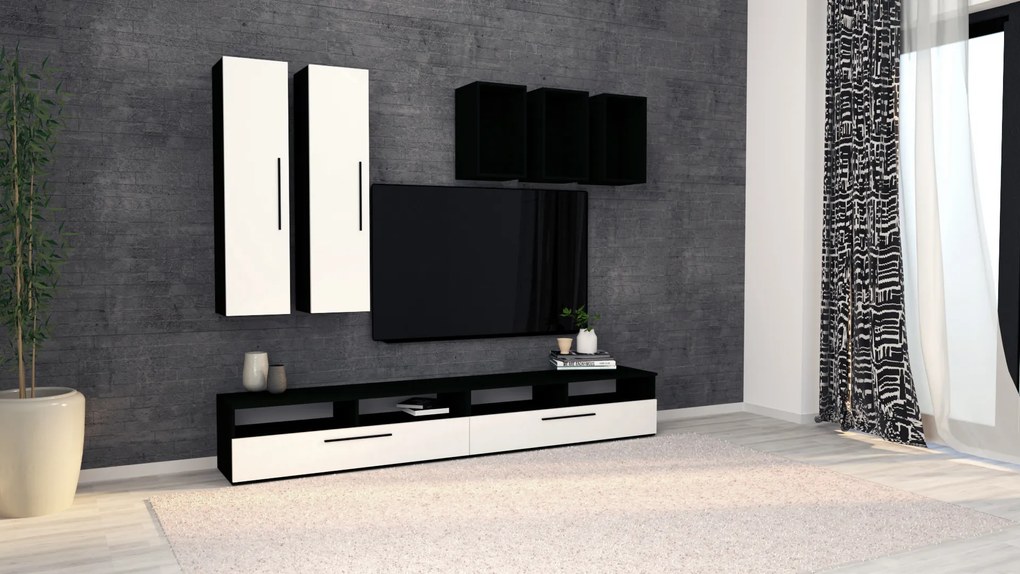 Living haaus Haga V12, Alb Lucios/Negru, MDF, L 240 cm