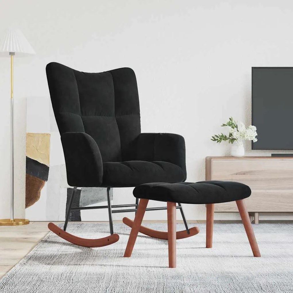 vidaXL Scaun balansoar cu taburet, negru, catifea