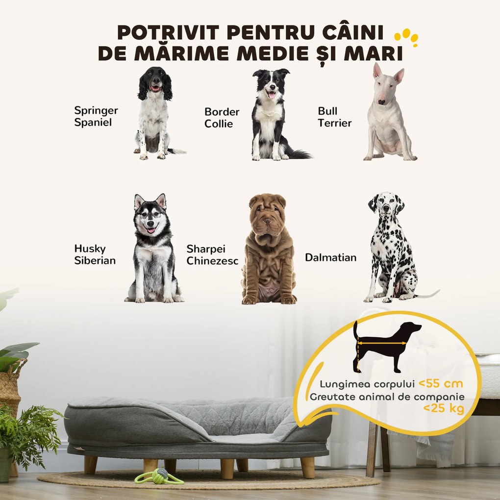 PawHut Canapea pentru Câini cu Pernă, Hușă Detașabilă, Bază Înălțată și Picioare Antiderapante, 90x78x25 cm, Gri | Aosom Romania