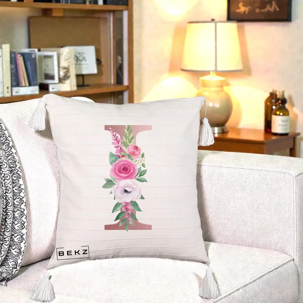 Cadou Personalizat - Perna Personalizata Monograma Rose Gold Litera I, 40x40 cm, Bej cu Franjuri, Husa Detasabila, Perna Inclusa, BEKZ®