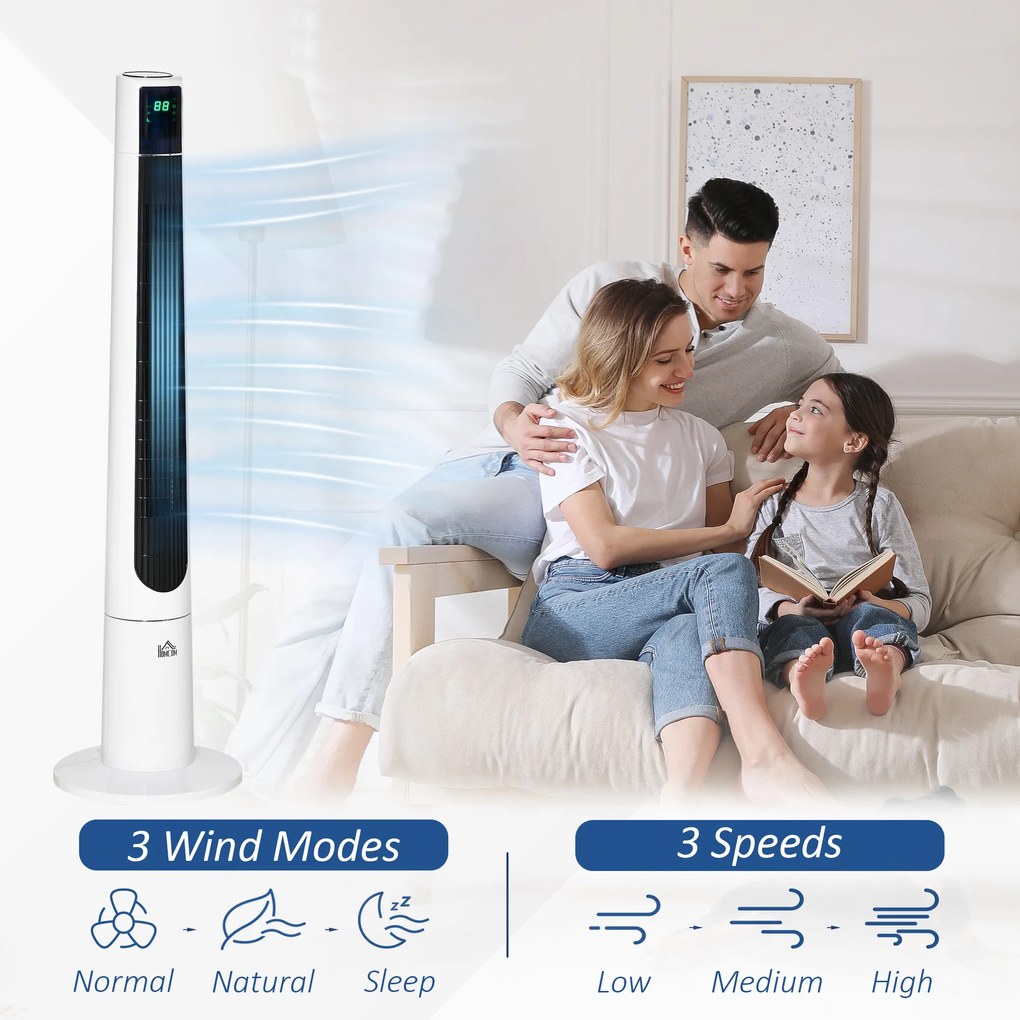 HOMCOM Ventilator Turn cu 3 Moduri și 3 Viteze cu Cronometru 12h, Ventilator de Podea ABS cu Telecomandă, Ø32x118.2 cm, Alb | Aosom Romania