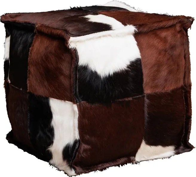 Puf din piele de vacă cu păr, maro, cu panouri în patchwork, 46 x 46 x 46 cm, „Brown”