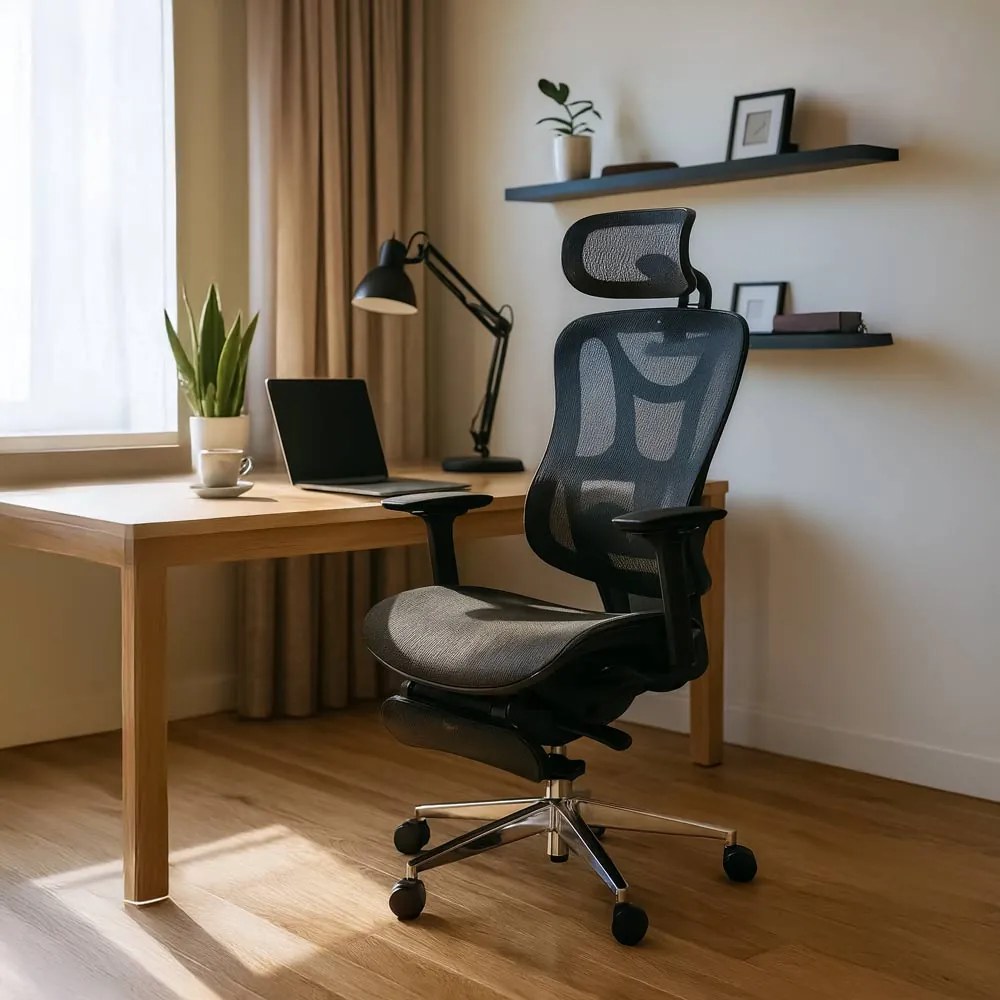 Scaun ergonomic de birou negru din mesh cu suport pentru picioare și tetieră ajustabilă SYYT 9519
