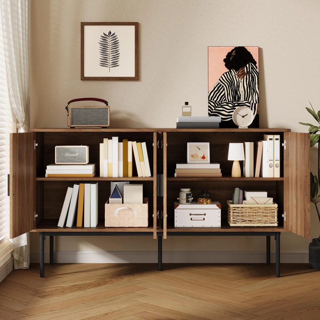 Bufet modern cu ratan, cu 4 uși și mult spațiu de depozitare, design retro-natural, 140x40x80 cm, Culoare naturală