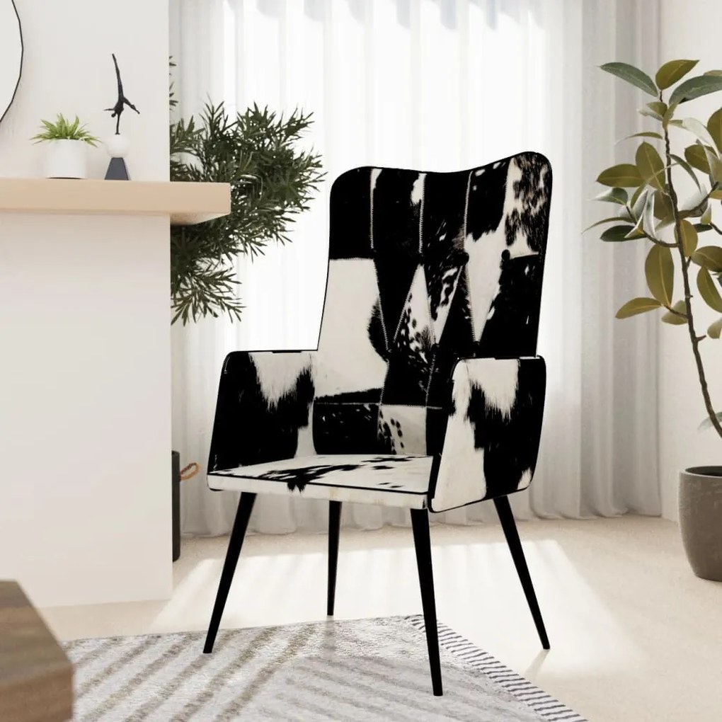 339658 vidaXL Scaun cu spătar înalt negru & alb, piele naturală cu păr