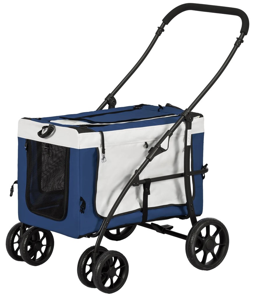 Cărucior pentru câini și pisici PawHut, pliabil, cu container detasabil, 81 x 58 x 97,5 cm, Negru + Albastru + Alb | Aosom Romania